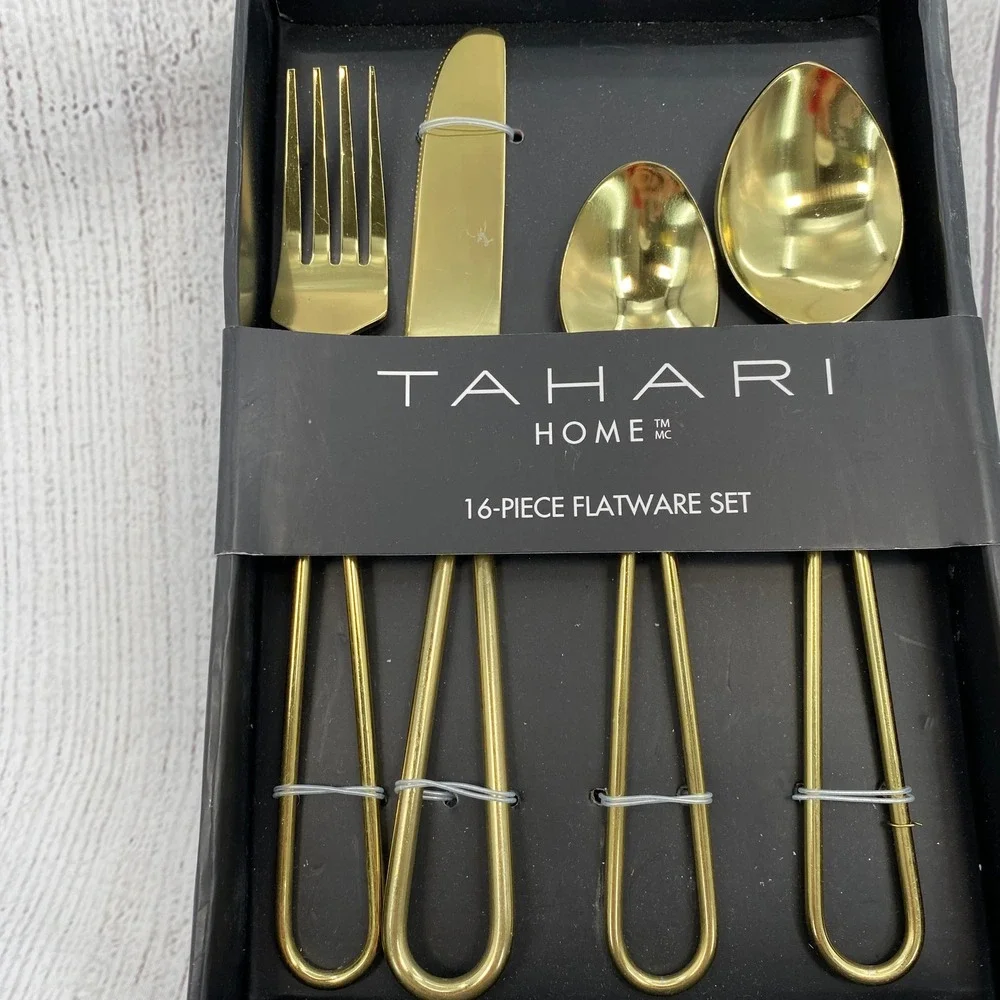 Tahari Home Flatware Set Service for 4 Gold Modern Open Loop Handle 16-Piece